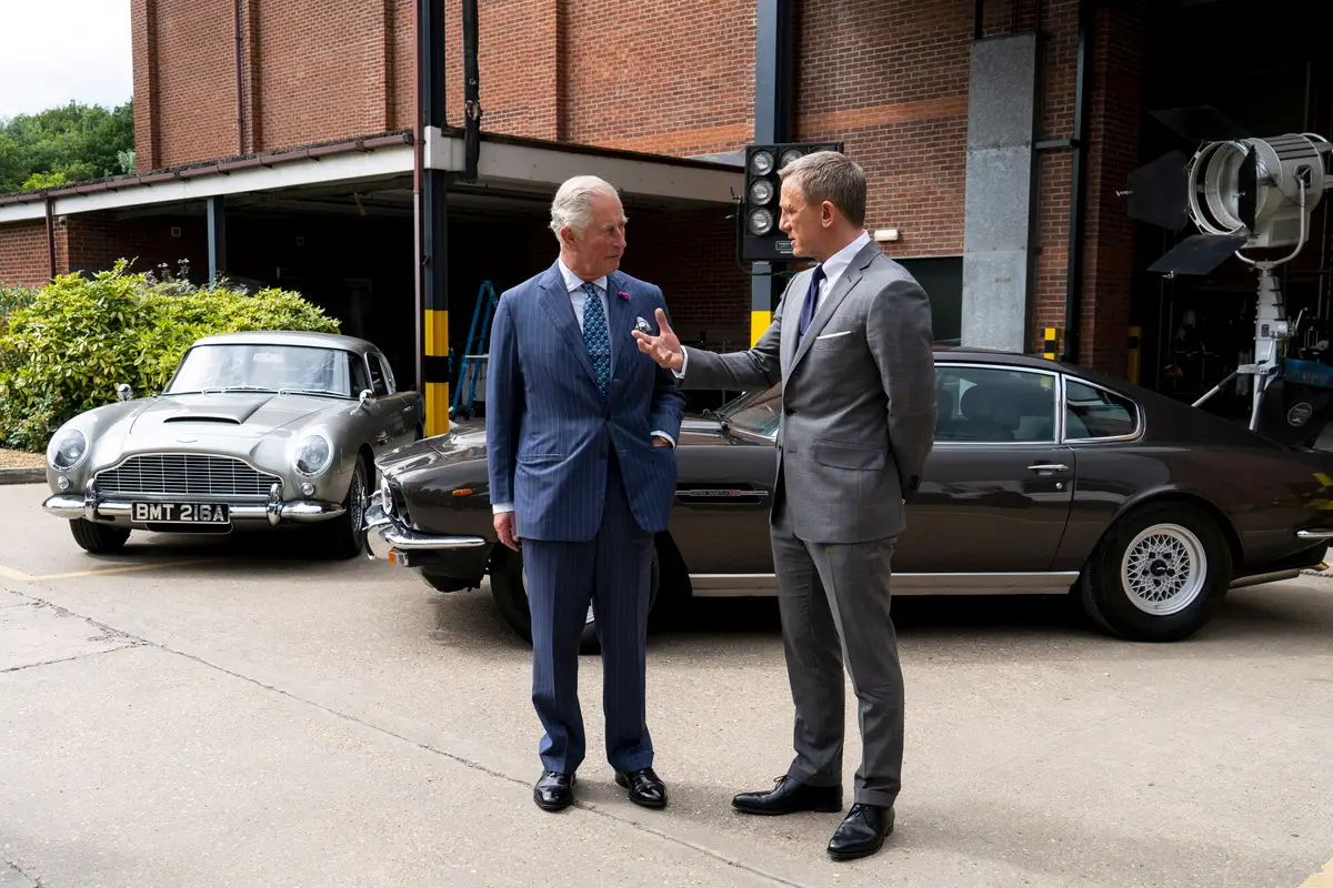 Daniel Craig giving the then-Prince of Wales a tour of Pinewood in 2019