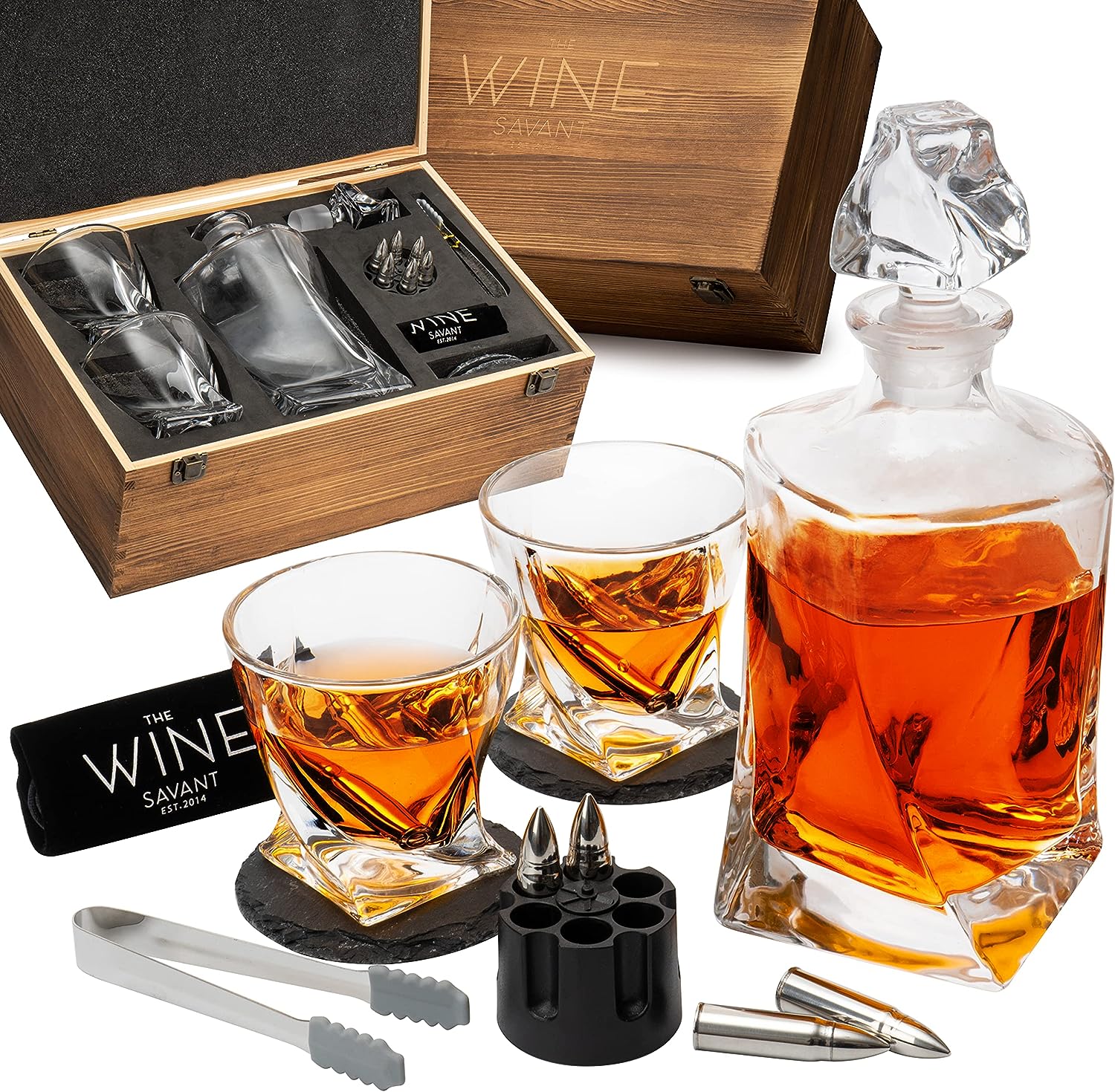 Luxury Whiskey Decanter and Glasses Set for Men & Women - Whiskey Decanter, 2 Twist Whiskey Glasses, 2 Coasters, 6 XL Stainless Steel Whisky Bullets, Tongs & Freezer Pouch Gift Box - The Wine Savant