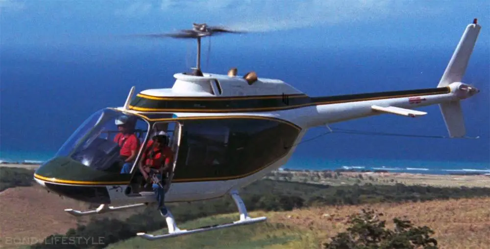 When James Bond (Roger Moore) and Solitaire (Jane Seymour) discover the poppy fields in Live And Let Die (1973) they are being chased by a Bell 206A JetRanger,photo © Eon Productions, Danjaq, United Artists