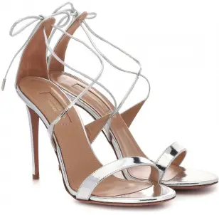 Photo of the Aquazurra Linda 105 Silver Leather Ankle Tie High-Heel Sandals